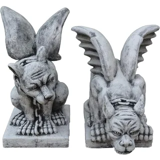 gartendekoparadies.de Gargoyle Torwächer Steinfiguren Set, 48/40 cm Höhe, Grau, Frostsicher aus Steinguss/Weißbeton für Außenbereich, 33/40 kg