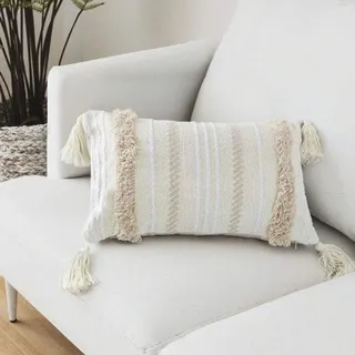DigiRigi® Kissenhülle 45x45 cm – Beige, handgewebte Baumwolle mit geometrischem Muster und Quasten, verdeckter Reißverschluss - Beige