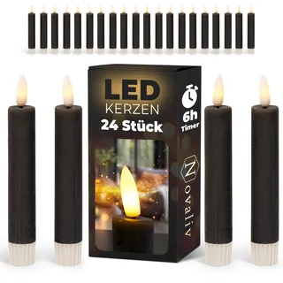 LED Stabkerzen 24 Stück ECHTWACHS SCHWARZ mit Timer Funktion 6 Stunden 15cm Höhe für Kerzen 2,2cm Durchmesser 2 AAA Batterien notwendig LED Stabkerzen 4er Set SCHWARZ (sechs Mal) bewegliche Flamme