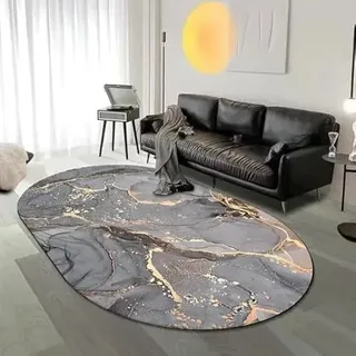 Modern Design Carpet Teppich Oval Kurzflor Teppich Grau-lila vergoldet Wohnzimmer, Schlafzimmer, Esszimmer, Weicher, Rutschfester, Großer Teppich für Zuhause Oval 160X230CM