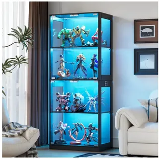 TWSOUL Glasvitrine LED Standvitrine mit Intelligente Sensorik und Pop-up-Design bis 100kg 4-Lagen Standregal mit Glastür, Hochschrank Vitrine für Sammler schwarz