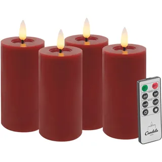 Candela LED Kerzen 4er Set H:10xØ5cm Winter rot glatt Echtwachs mit Fernbedienung Timer Funktion & mehrstufig dimmbar flammenlos Echtwachskerzen Stumpenkerze