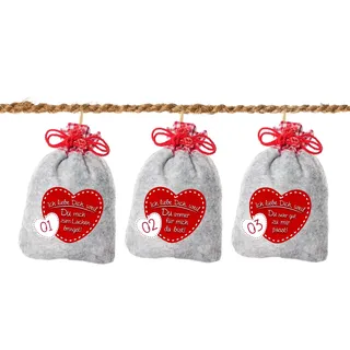 24 Adventskalender Säckchen aus Filz mit 24 Gründen ICH LIEBE DICH, WEIL ... inkl. Schnur (für Erwachsene Männer und Frauen geeignet) für Weihnachtskalender/Adventskalender zum Befüllen
