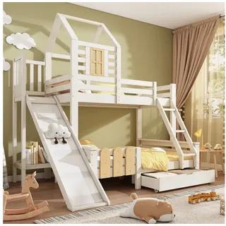 OKWISH Hochbett Hausbett mit Lattenrost, Blockhaus-Design (Hochbett, Etagenbett, 1-St., 90*200, 140*200 cm, Ohne Matratze) mit Schublade Rutsche und Leiter
