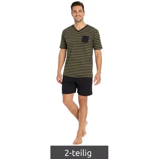 weicher Herren Pyjama 2-teiliger Shorty-Set mit Brusttasche und Streifen kurzer Schlafanzug Baumwoll-Pyjama 957908 Schwarz/Oliv - 60/62