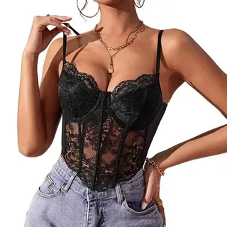 Haibang Damen Crop Top Spitze Sexy Spaghetti Bauchfrei Oberteile V-Ausschnitt Bralette Spitzen Corset Korsett Slim Fit Camisole Spitzentop Sommer Cami Tank Top - S