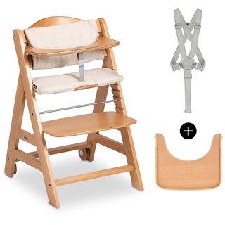 hauck Beta+, Natural - Mitwachsendes Kinderhochstuhl Set ab 6 Monaten bis 90 kg mit Rädern, Sitzkissen, Großes Essbrett, Kleiner Schutzbügel, 5 Punkt Gurt Sicherheitsgurt & Schrittgurt