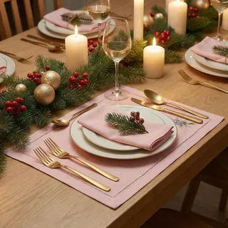 Handgefertigte Platzsets, 6er Set Rosa Tischsets aus Baumwolle mit Lavendel-Stickerei, Elegante Feine Kanten, Abwaschbar, 30x45cm, Landhausstil