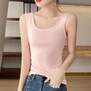 Damen-Tanktop, weich, atmungsaktiv, Camisole, breiter Träger, ärmellos, reine Farbe für Frühling und Sommer, Rosa, L