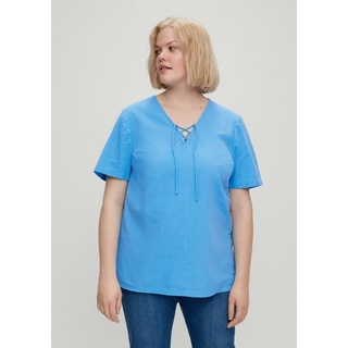 TRIANGLE Kurzarmbluse Bluse aus Seersucker Stickerei blau