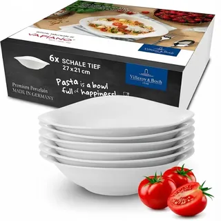 Villeroy & Boch - Vapiano Pastaschalen Set 6-Teilig Weiß, Spülmaschinenfest, Mikrowellensicher, Pastateller, Pastaschüssel, Teller Tief, Für Spaghetti, Nudeln oder Salat, Premium Porzellan