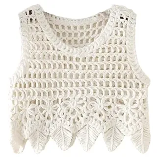 RWGSNB Pullover Westen, Damen Häkel Westenoberteil Ausgehöhltes Netz Strick Sommer Tanktop Lässiger Rundhalspullover Badeanzug Leicht Durchsichtig Kurzer Strandüberzug Weiß M - M