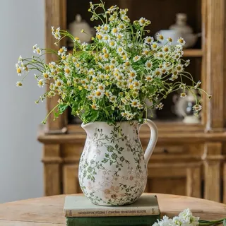Grüne Und Weiße Keramikvase Mit Henkel, Chinesisch Inspirierte Blumenvase Für Die Inneneinrichtung, 20 Cm Großes Tischgesteck.