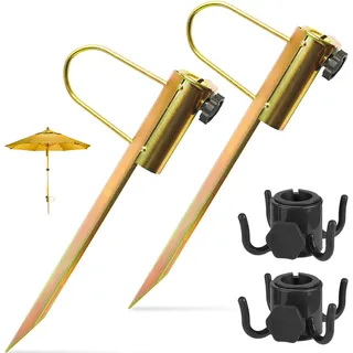 2Pcs Rasendorn Sonnenschirmhalter mit Haken, 22-32mm Durchmesser Metall Sonnenschirmständer, Bodenhülse Sonnenschirm Halterung Erdspieß, Sonnenschirme Bodenanker,Schirmhalter Boden für Strand,Gras,San