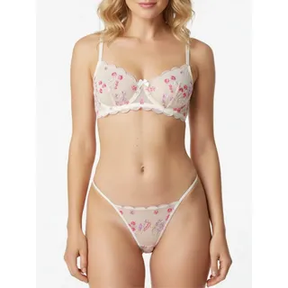 Elegant Love Set: Bügelloser BH BH-Set, Dessous Set mit Blumenmuster, Sexy Lingerie Set (Set, 2-tlg., mit String) Elegantes Unterwäsche für Damen: Luxuriöser Spitzen-BH und Tanga weiß L
