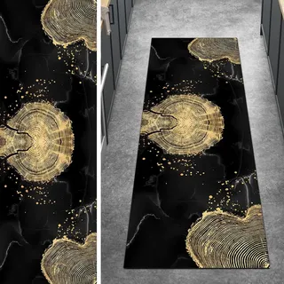 Ymural Teppich Läufer Flur Schwarz Gold, rutschfest Lang 80x150CM Abstrakt Küchenläufer Teppichläufer Waschbar Meterware Kurzflor Polyester Korridor Schlafzimmer