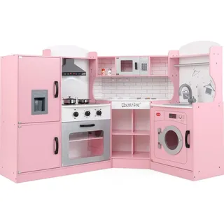 COSTWAY Eck Spielküche, Kinderküche mit Spüle, Eismaschine, Backofen, Kochgeschirr, Licht & Sound, Kinderspielküche, Holzküche für Kinder 3+Rosa - Rosa