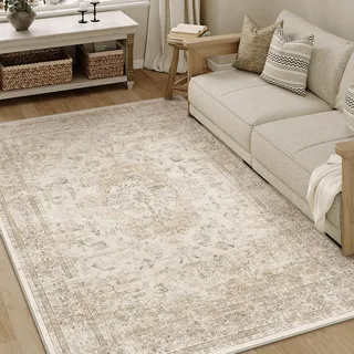PureCozy Vintage Teppich Wohnzimmer 120x170cm Beige Schlafzimmer Wohnzimmerteppich Waschbarer Groß Carpet Weich rutschfest Teppiche Esszimmer Büro Kurzflor Tepich