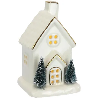 Flair Flower LED Porzellan Weihnachtshaus batteriebetrieben weiß Gold 13cm Tannenbaum Weihnachtsdeko beleuchtet Christmas Village Haus Winterdeko Keramik Miniatur Häuschen Tischdeko Advent