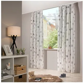 heimtexland ® Vorhang Kindergardine Leinen Optik Natur Grau Skandinavisch Wald Bär Gardine transparent Schienenband Kinderzimmer Ökotex Typ563 Weiß - Grau mit Kräuselband I HxB 225x135 cm
