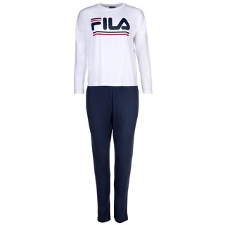Fila Damen Pyjama Set lang - Schlafanzug, Rundhals, Jersey, Logo Weiß/Blau XL