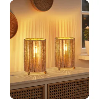 Kleine Nachttischlampe 2er Set, Boho Tischlampe Rattan mit Kabel