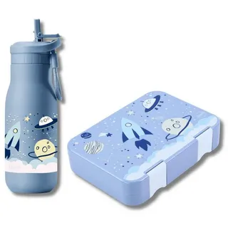 JENARD Lunchbox Brotdosen Set Kinder mit Edelstahl Trinkflasche Weltraum, Edelstahl, PP, (Brotdosen- und Trinkflaschen-Set, 2-teiliges Set, Brotdose und Trinkflasche, Kindergarten-Set, Schul-Set), BPA-frei, Lebensmittelecht, Kindgerecht, Wiederverwendbar, Robust blau
