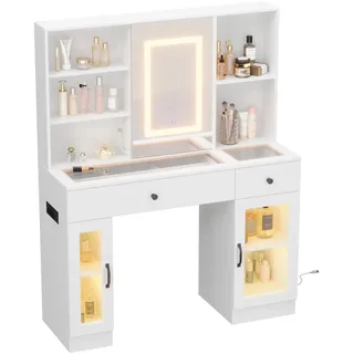 GarveeTech Schminktisch mit LED-Spiegel & Glasplatte, Beleuchteter Frisiertisch mit 3-Farben-LED, Schubladen, Glasvitrinen, USB/AC-Anschlüssen und kratzfester Oberfläche