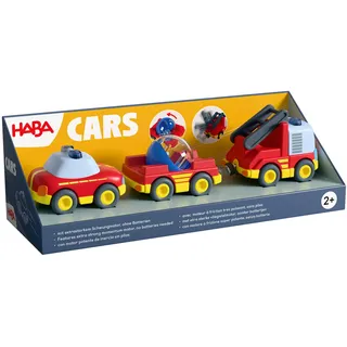 HABA 2013816001 - CARS Feuerwehr-Spielset mit 2 Autos, Hänger und Wasser-Kugel