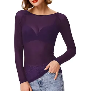 Lazzboy Tops Solide Durchsichtige Damen Langarm Nahtlose Armformer Top Mesh Shirt Bluse Leichtes Transparent Tüll Body T-Shirt Tunika Multicolor(Lila,L) - L