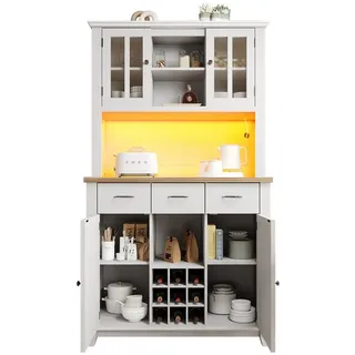Flieks Küchenbuffet (mit Arbeitsplatte und verstellbaren Ablagen, 1-St., 106x40x179,5 cm) Hochschrank mit LED Küchenschrank Bücherschrank Buffetschrank weiß weiß