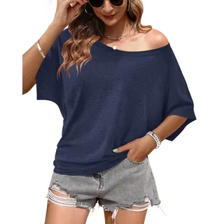 WNEEDU Schulterfreies Oberteil Damen Sommer Fledermaus T Shirt Longshirt | Off shoulder top, lässig basic locker Rundhals shirt - M