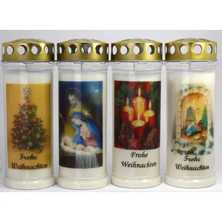 4 Grablichter, Grabkerzen, 4er Set Weihnachten- 21x7,5 cm - 3999-7 Tage Brenndauer je Grablicht – Trauerkerze mit Motiv und Spruch