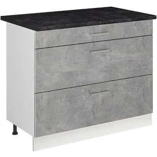 Vicco Küchenunterschrank R-Line, Beton/Weiß 100 cm | 3 Schubladen · Arbeitsplatte Anthrazit · Höhenverst. Füße · ✓ Leichter Zugriff · ✓ Frei kombinierbar