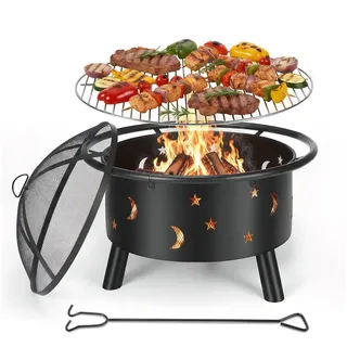 oyajia Feuerschale 73,5cm BBQ Feuerkorb Garten mit Grillrost, (2-in-1 Feuerschale Outdoor aus Stahl, Inkl. Funkenschutz & Zubehör), Tragbar für Camping, Terrasse, Gartenparty & Lagerfeuer schwarz
