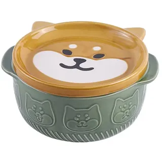 Steowsey Cartoon Japanische Keramik Katze Hund Nudelschalen mit Deckel Niedliche Tiersuppe Salat Obstschale KüChengeschirr A