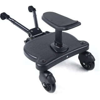 Buggy Board mit Sitz, Trittbrett für Kinderwagen Universal Kinderwagenbrett mit Räder, 360°Zweirad Design, Einem Abnehmbaren Sitz Kinderwagensitz Stehbrett Zubehör, Schwarz