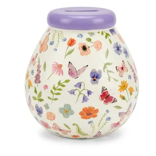 Pot of Dreams Keramik-Spardose mit Blumenmotiv und Schmetterling, handbemalt, Steingut, Sparschwein zum Öffnen, großer Münz- und Geldscheinfach, für bis zu 1000 €, 15 cm Geschenkidee