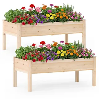COSTWAY 2 er Hochbeet Holz, Pflanzbeet für Kinder, 122 x 62 x 48 cm, Pflanzkasten bis 130 kg, Blumenkübel mit Ablauflöchern, Kräuterbeet rechteckig, Anzuchtbeet Garten Terrasse Balkon, Natur