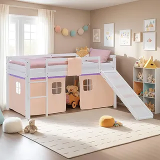 Homestyle4u Hochbett mit Rutsche 90 x 200 cm Kiefer lackiert weiß lila-beige