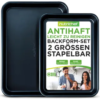 NutriChef Backbleche, 2 Stück- Backblech, Kuchenblech, Backofenblech, 40x28cm & 35.5x24.6cm, Baking Tray Antihaftbeschichtet, Leicht zu Reinigen Spülmaschinengeeignet & Stapelbar, Blau