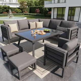 Merax Gartenmöbel Set 8-Personen, Gartenlounge Lounge Set aus verzinktem Eisen, Balkonmöbel Outdoor Sitzgruppe mit Sesseln & Hockern & Glastisch, Wetterfest für Terrasse, L-Form Loungegarnitur, Grau