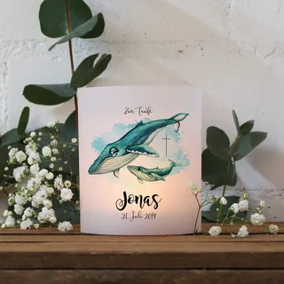 Teelichthüllen zur Taufe 2er 4er Set für Windlichter Teelicht Lichthülle Hülle Wal Fisch mit Kind Kreuz + Wunschname Datum te153 - ausgewählte Menge: *4X Lichthüllen*