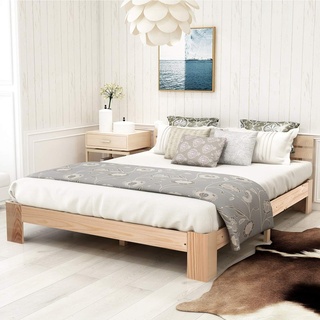 Merax Holzbett Doppelbett | 200 x 140 cm | Massivholz | Bettgestell | Lattenrost | Futonbett | Kieferbett | Natürliche Farbe
