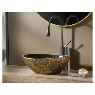 MEJE 40,5 x 33.5 x 14 cm, ovales Vintage-Gold Keramik-Waschbecken, Moderne Eiform-Schüssel, Badezimmer-Waschbecken über der Theke