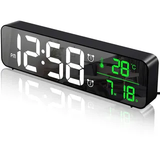MOSUO Digitaler Wecker, LED Wecker Digital Spiegel Wanduhr Große Ziffern Tischuhr mit Datum Temperaturanzeige, USB Digitalwecker Uhr, 2 Alarmen 40 Musik, Einstellbare Helligkeit, Schwarz