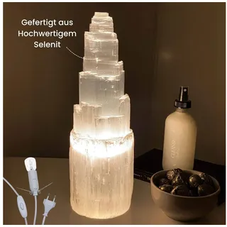 Landster Nachttischlampe Selenite Lampe Turm lampe tischleuchte Kristall Lampe Tischlampe 25 cm
