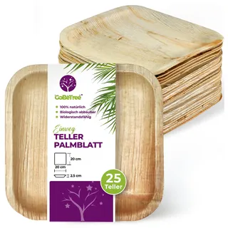 GoBeTree 25 Palmblatt Teller 20x20 cm Einwegteller Quadratisch Tisch. Elegante Einwegteller für Tisch und Catering Quadratisch Flach ähnlich Bambus mit Hoher Stabilität