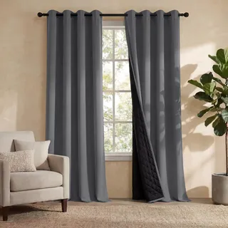 PONY DANCE Schlafzimmer 100% Verdunklungsvorhänge mit Ösen Doppellagige Thermovorhänge Hitzeschutz 2er Set H 220 x B 140 cm Dicke Vorhänge Blickdicht Thermal Curtains, Grau