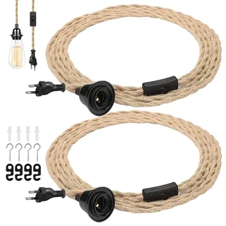 2pcs Vintage Hängelampe Mit Stecker E27 Lampenfassung Pendelleuchte Mit Stecker Vintage Lampenkabel Hängende Leuchte Mit Lampenkabel 4.5 M Hanfseil Pendellampe Kit DIY Einzelkopf Hängeleuchte